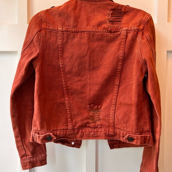 Refuge Button Up Denim Jacket Women's Long Sleeve Size XS Red Orange Brown Crop - Picture 5 of 7